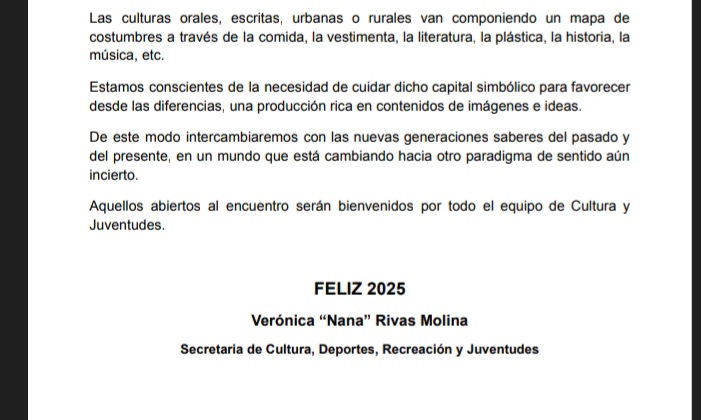 SOCIEDAD: DESEOS PARA EL 2025 DE LA SECRETARIA DE CULTURA