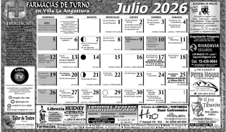 SOCIEDAD: FARMACIAS DE GUARDIA DURANTE JULIO EN ANGOSTURA